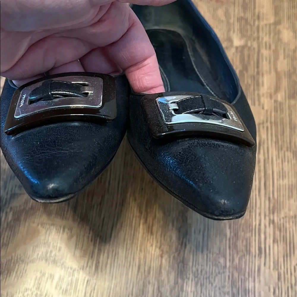 Prada Black Leather Point Toe Flats with Silver Buckle - Picture 9 of 12